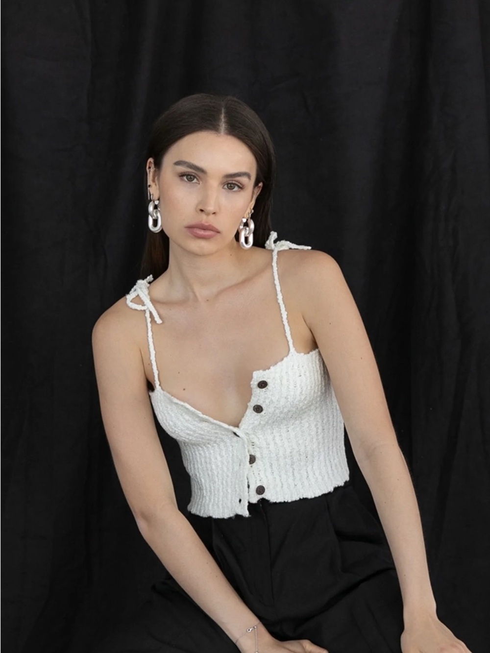 Trois Izzy Tie Shoulder Knit Crop Top Ivory Size 1 Small